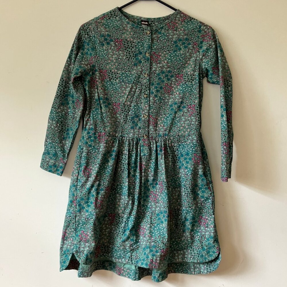 Tea Collection, Floral Corduroy Henley Dress, Teal Green, Girl's 14 – Excellent
